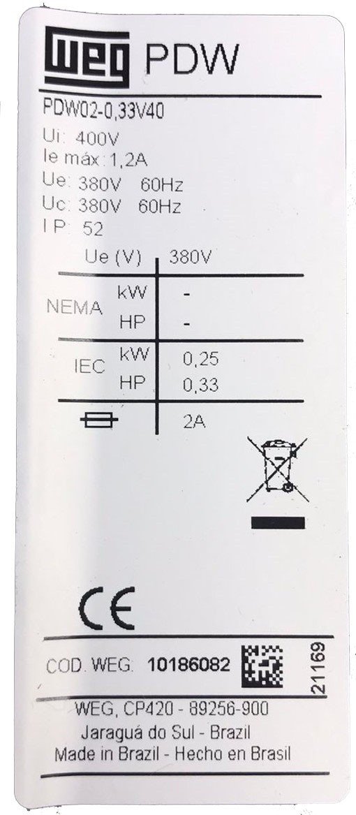 Chave de Partida Direta WEG 0,33CV 380V 1,2A Trif PDW02-0,33V40